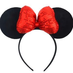 Disney Minnie Mouse Ears Headband Red Sparkle Shimmer Sequins Puffed Bows